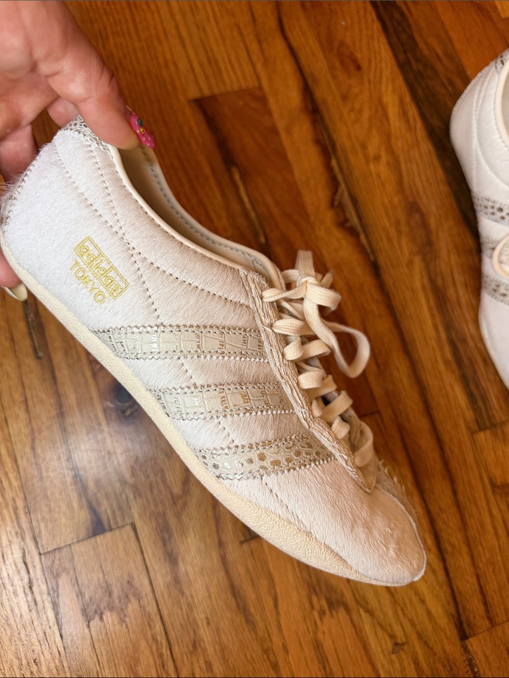 adidas Originals Women's Cream Pony Hair Tokyo Sneakers with Gold Accents - Picture 3 of 6